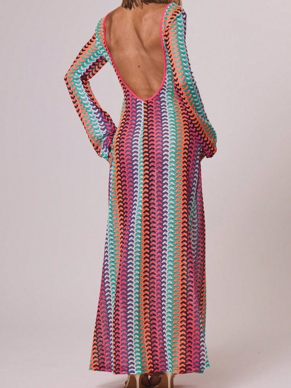 Multicolor Textured Knit Women's Elegant Maxi Dress with Cut-Out Sleeves - Picture 2 of 6